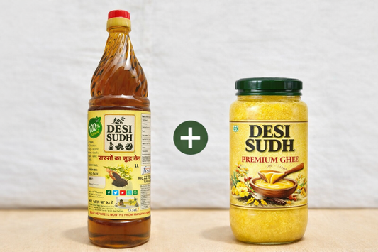 Desi Sudh Pure Mustard Oil (1L) + Pure Ghee (500ml) Combo – Cold Pressed Oil & Traditional Bilona Ghee